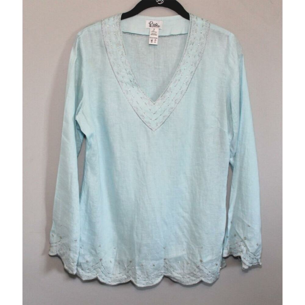 ✨2/$20 Flawed Lilly Pulitzer Linen Beaded Blouse Light Blue Top Small H11153 - Picture 3 of 16
